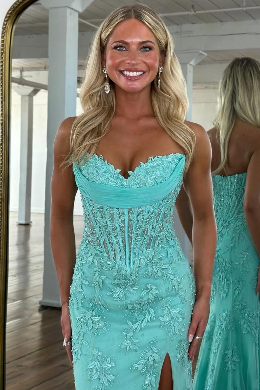 Charming Mermaid Sweetheart Yellow Corset Prom Dress with Appliques - View 10 | FashionDia