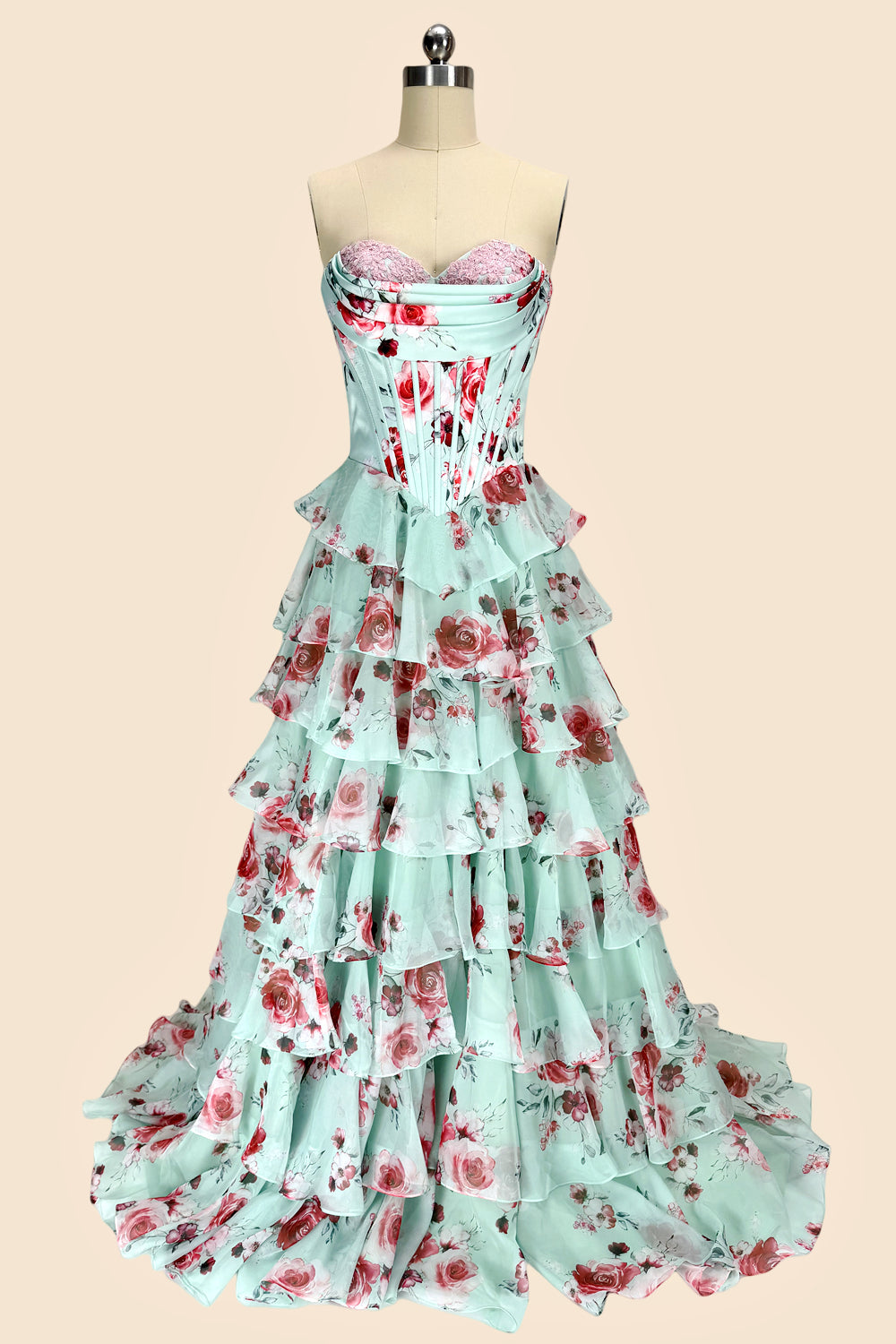 Sweety A Line Sweetheart Floral Print Mint Green Corset Prom Dress with Layered Skirt