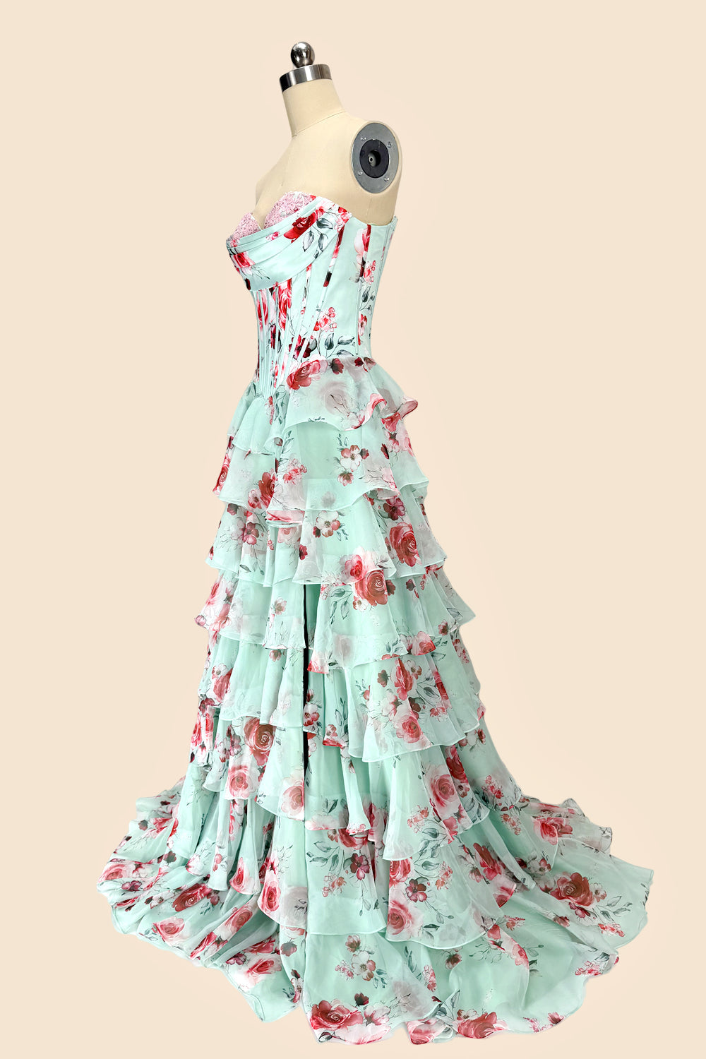 Sweety A Line Sweetheart Floral Print Mint Green Corset Prom Dress with Layered Skirt