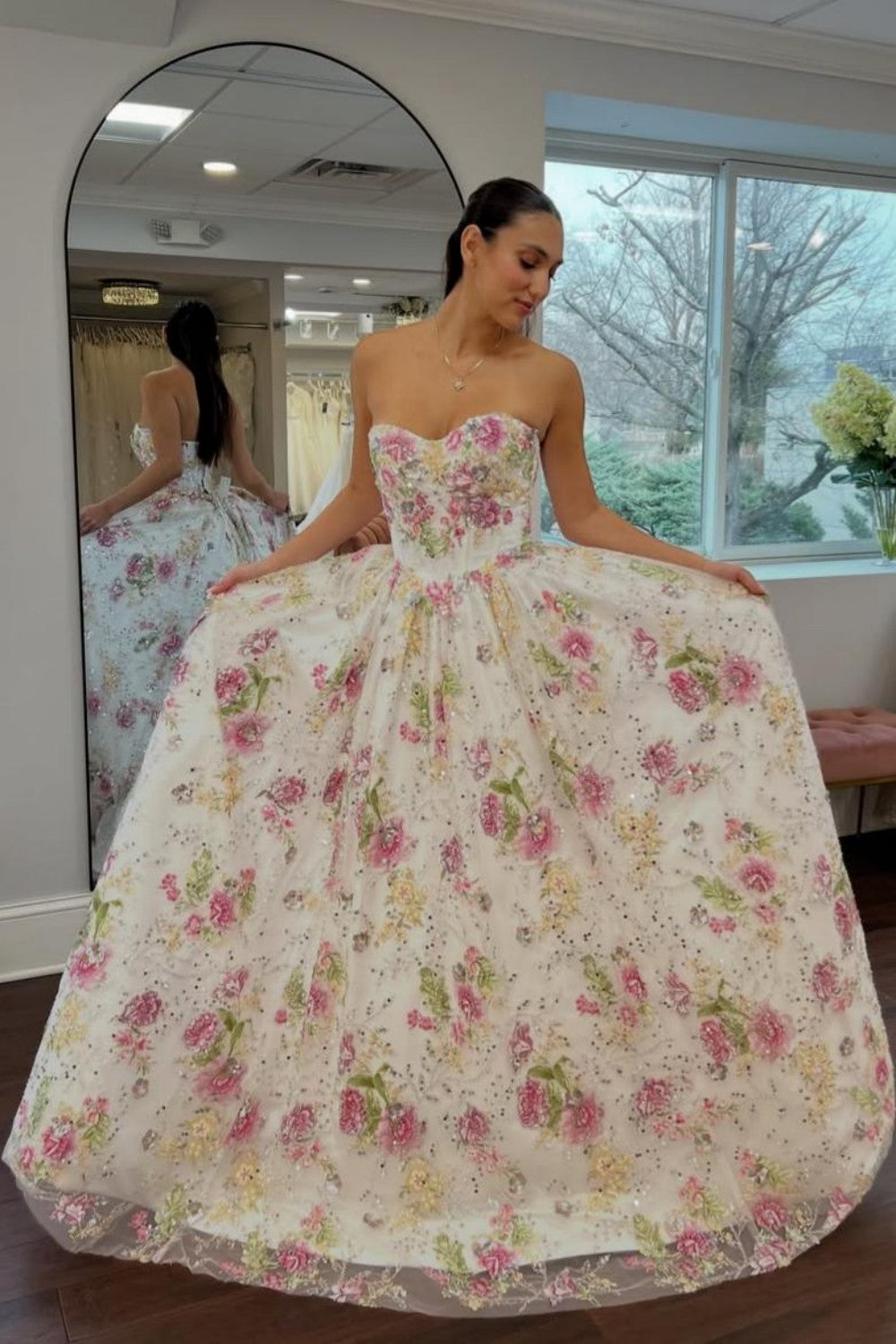 Romantic A Line Sweetheart Ivory Floral Ball Gown Prom Dress with Embroidered