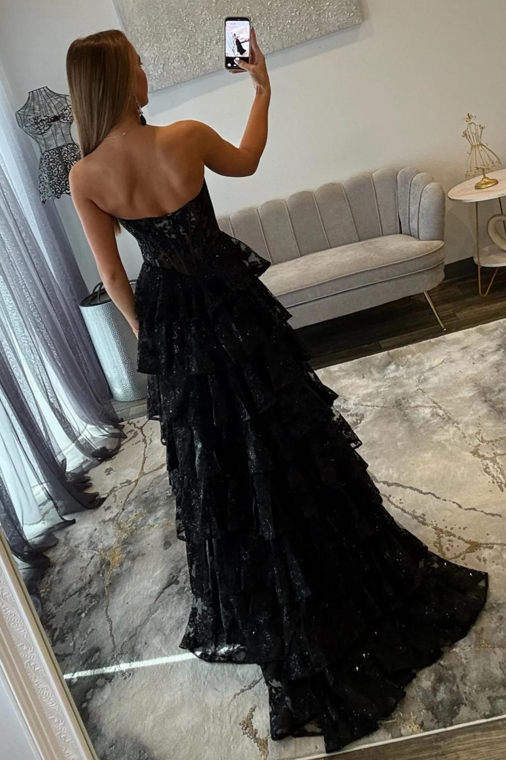 Gorgeous A-Line Sweetheart Black Corset Prom Dress with Appliques Ruffles - View 2 | FashionDia