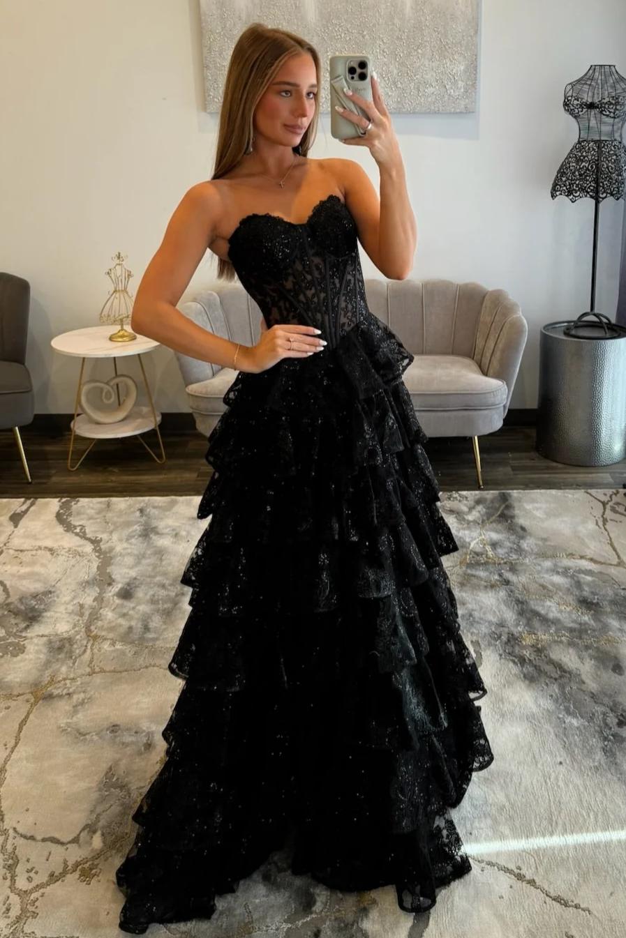 Gorgeous A-Line Sweetheart Black Corset Prom Dress with Appliques Ruffles - View 4 | FashionDia
