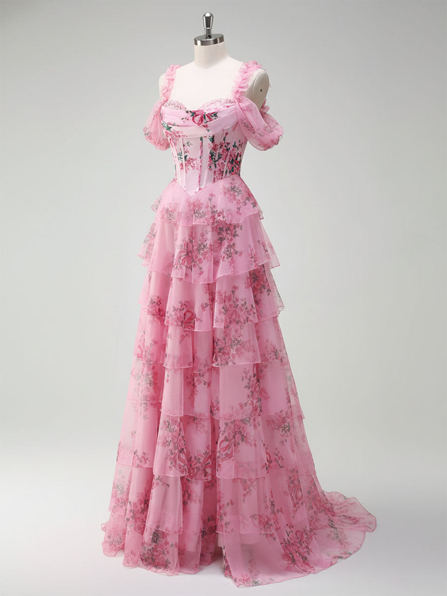 Romantic Pink Floral Corset Bodice Prom Gown with Tiered Ruffles - View 3 | FashionDia