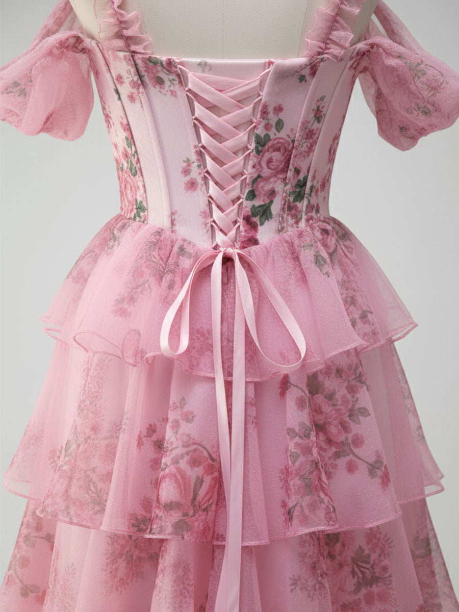 Romantic Pink Floral Corset Bodice Prom Gown with Tiered Ruffles - View 4 | FashionDia
