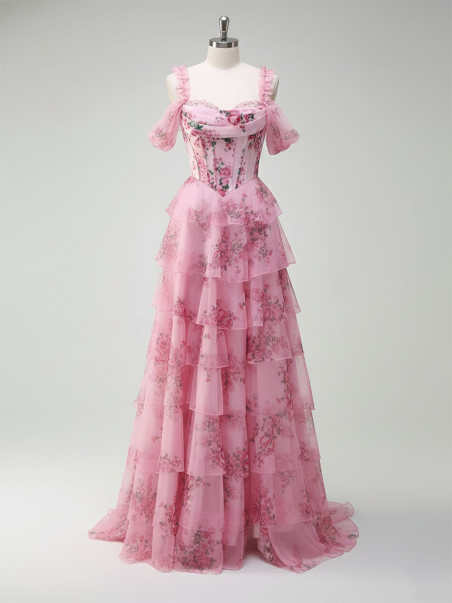 Romantic Pink Floral Corset Bodice Prom Gown with Tiered Ruffles - FashionDia
