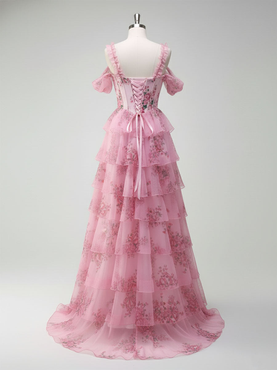 Romantic Pink Floral Corset Bodice Prom Gown with Tiered Ruffles - View 2 | FashionDia