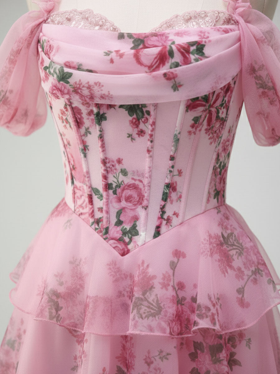 Romantic Pink Floral Corset Bodice Prom Gown with Tiered Ruffles - View 5 | FashionDia