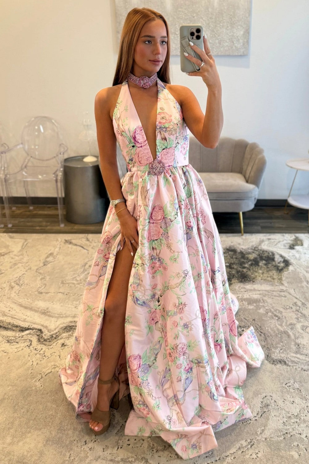 Charming A Line Halter Neck Pink Floral Printed Long Prom Dress with Beading