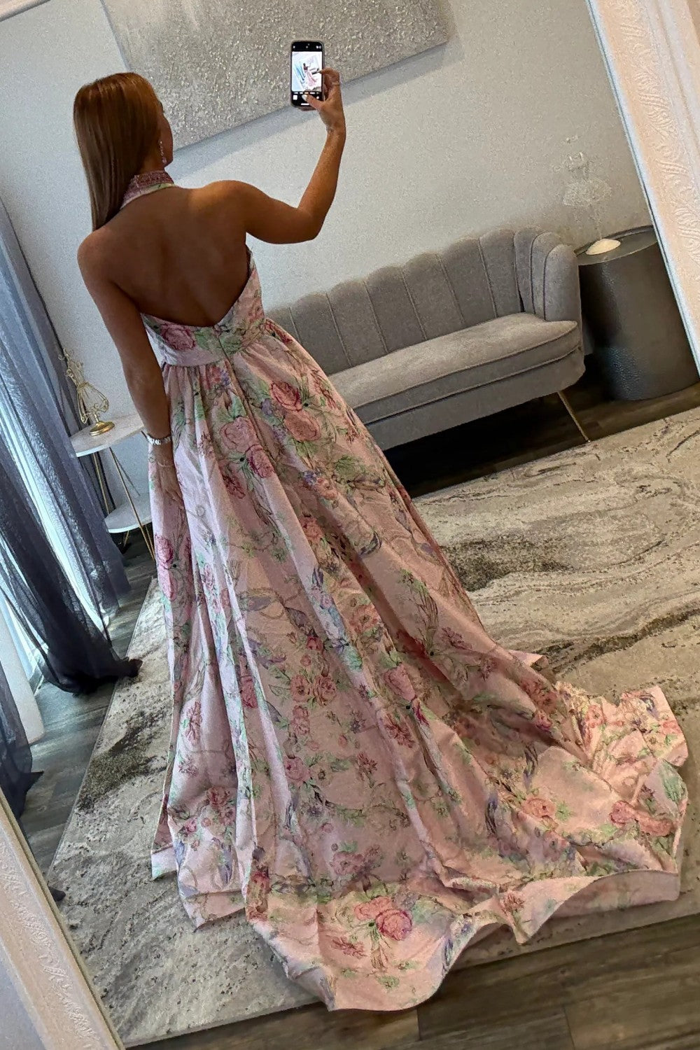 Charming A Line Halter Neck Pink Floral Printed Long Prom Dress with Beading