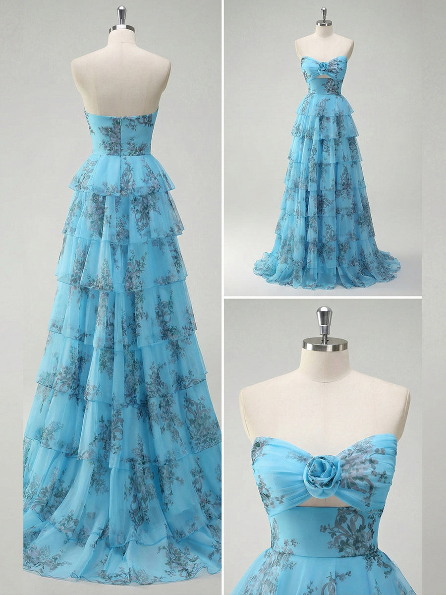 Romantic Pink Floral Tiered Prom Dress with Cut-Out Detail