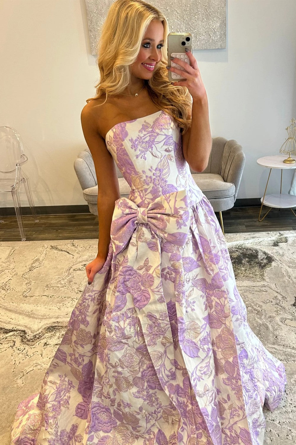 Romantic A Line Strapless Purple Floral Printed Long Prom Dress with Bowknot