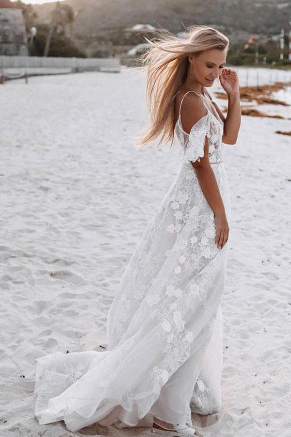 Romantic Spaghetti Straps Floral Lace Beach Wedding Dresses (ZD16213)