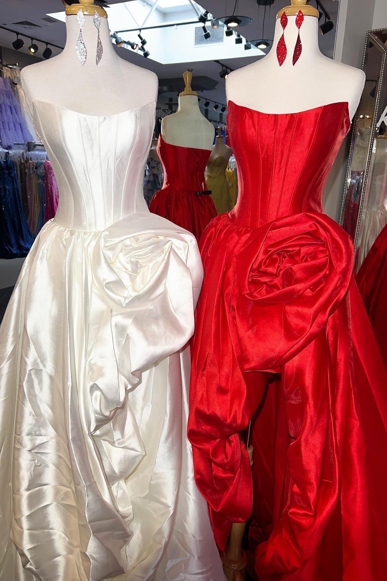 Trendy A Line Strapless Red Corset Prom Dress with 3D Flowers