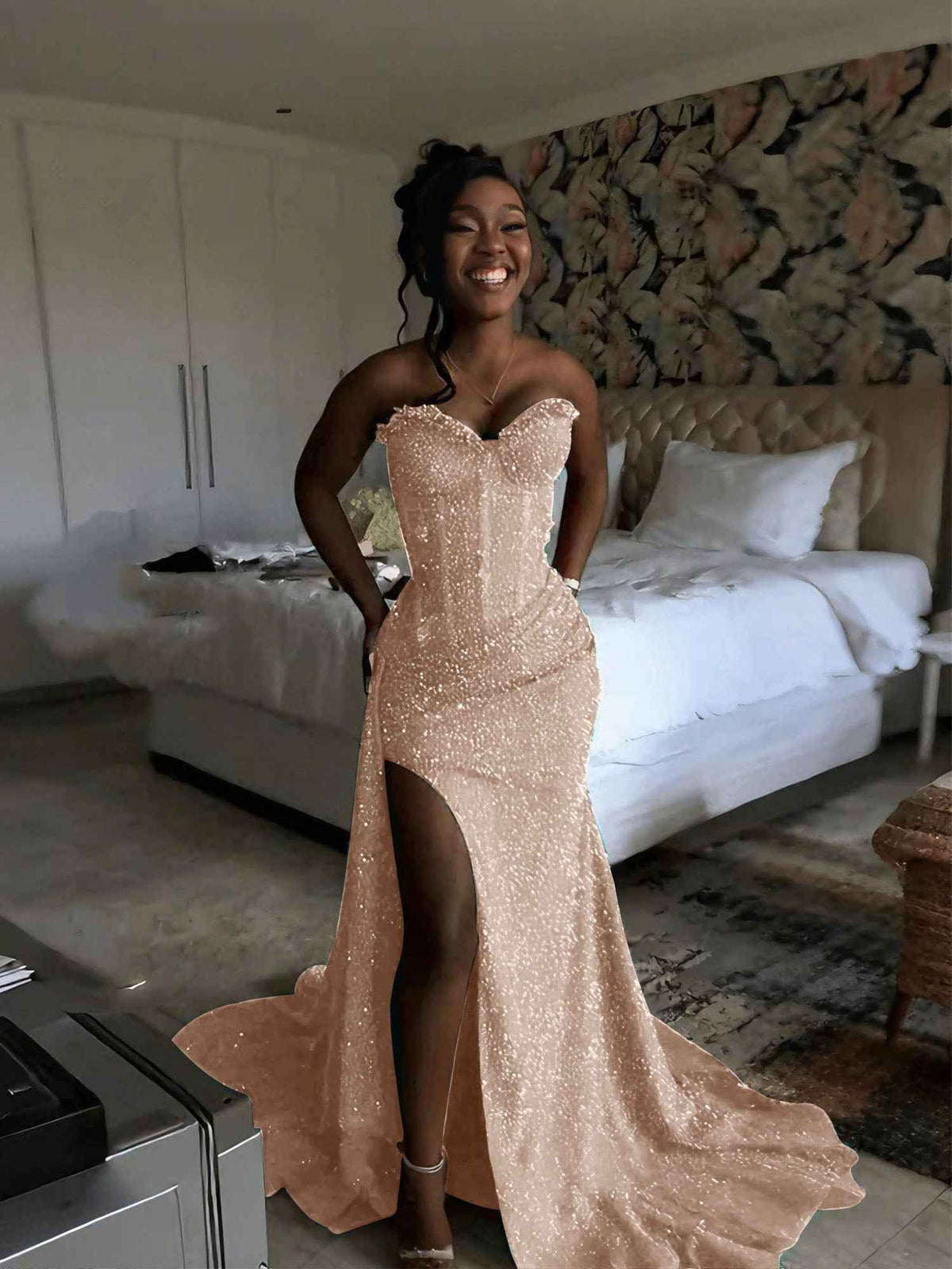 Glitter Strapless Mermaid Sequined Long Prom Dress with Slit (ZD17399)