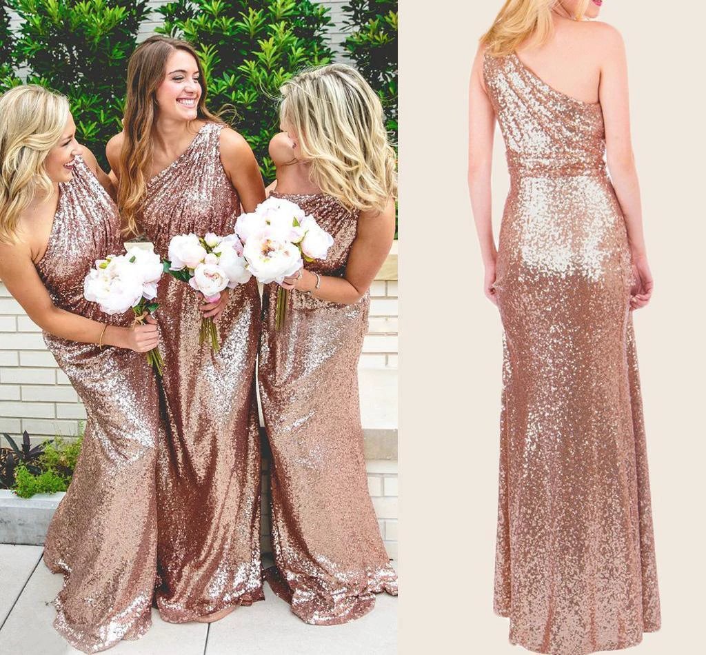 Rose Gold Sparkly Bridesmaid Dresses Sequins Lace One Shoulder (ZD13269) - View 3 | VelvetHem