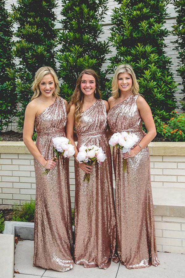 Rose Gold Sparkly Bridesmaid Dresses Sequins Lace One Shoulder (ZD13269) - VelvetHem