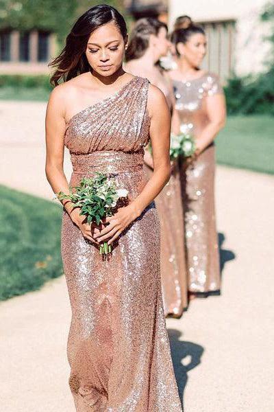Rose Gold Sparkly Bridesmaid Dresses Sequins Lace One Shoulder (ZD13269)