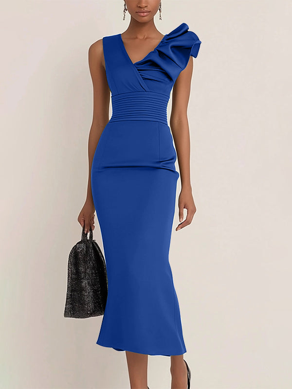 Work Semi-Formal Dress Green Sleeveless Ruffle Fitted Midi Dress - View 8 | FashionDia