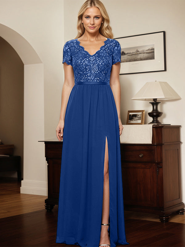 A-Line V-Neck Chiffon Appliques Sequins Mother Of The Bride Dress With Slit - FashionDia