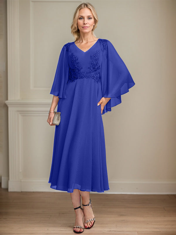 A-line V-Neck Tea-Length Chiffon Lace Mother of the Bride Dress With Beading Sequins