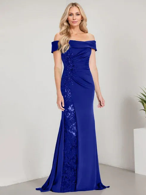 A-Line Off the Shoulder Floor-Length Mother of the Bride Dress Applique Beadings Mermaid Dress With High Split