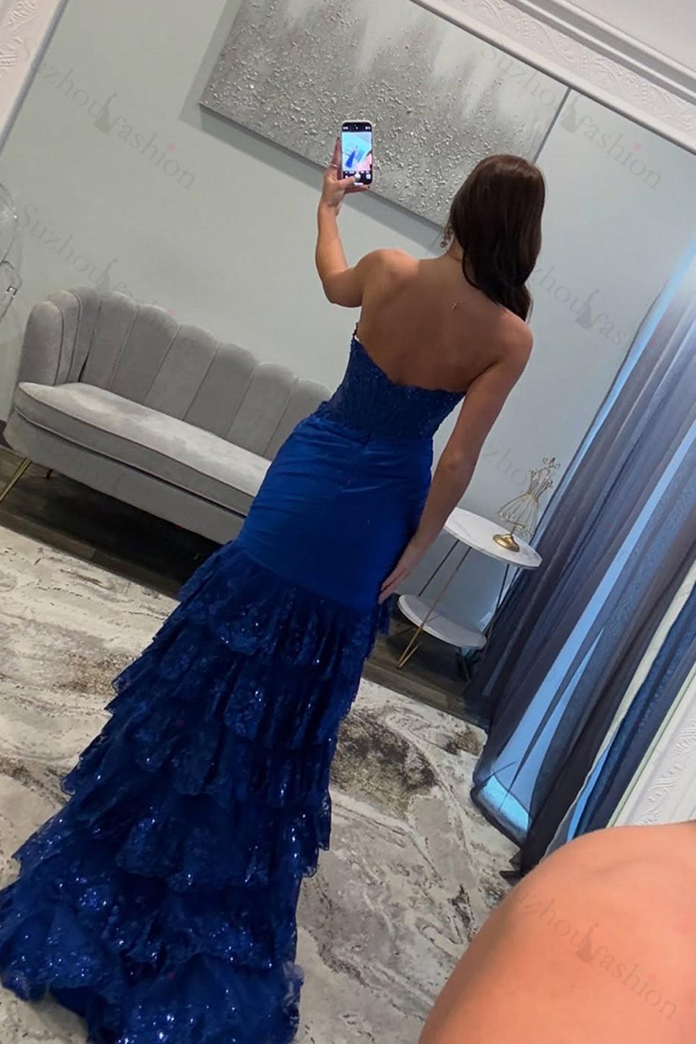 Royal Blue Prom Dress Mermaid Ruffled Formal Dress With Slit