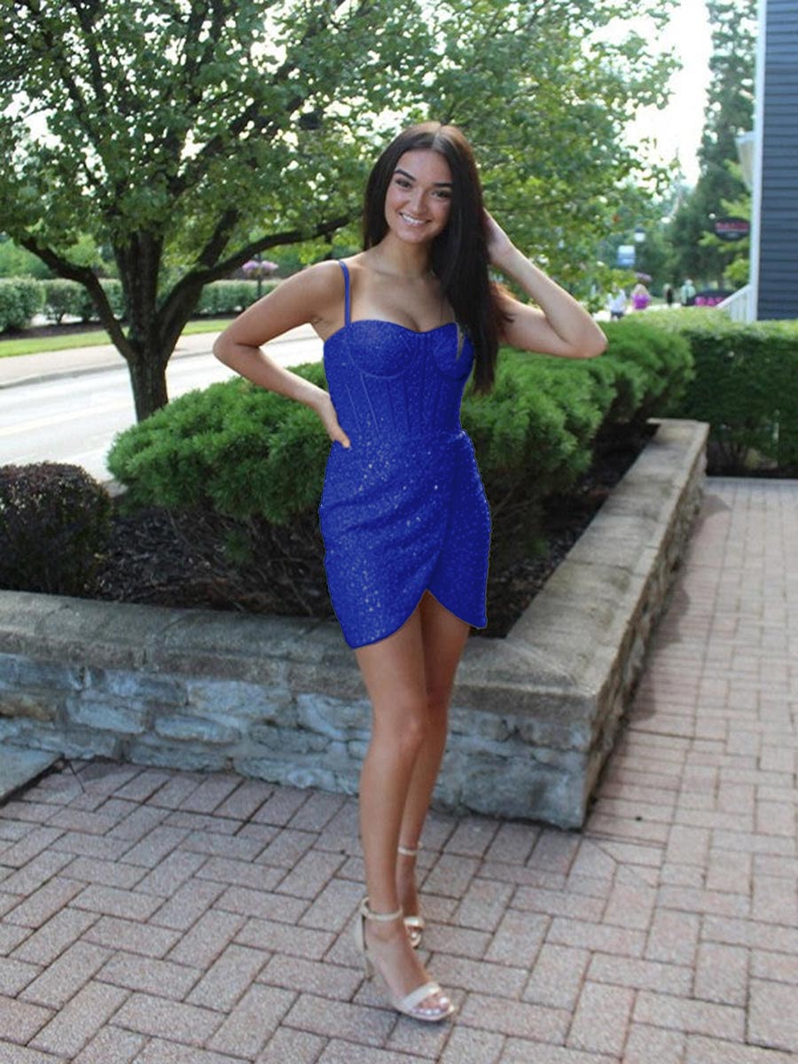 Spaghetti Straps Sequin Short Homecoming Dress with Crystals