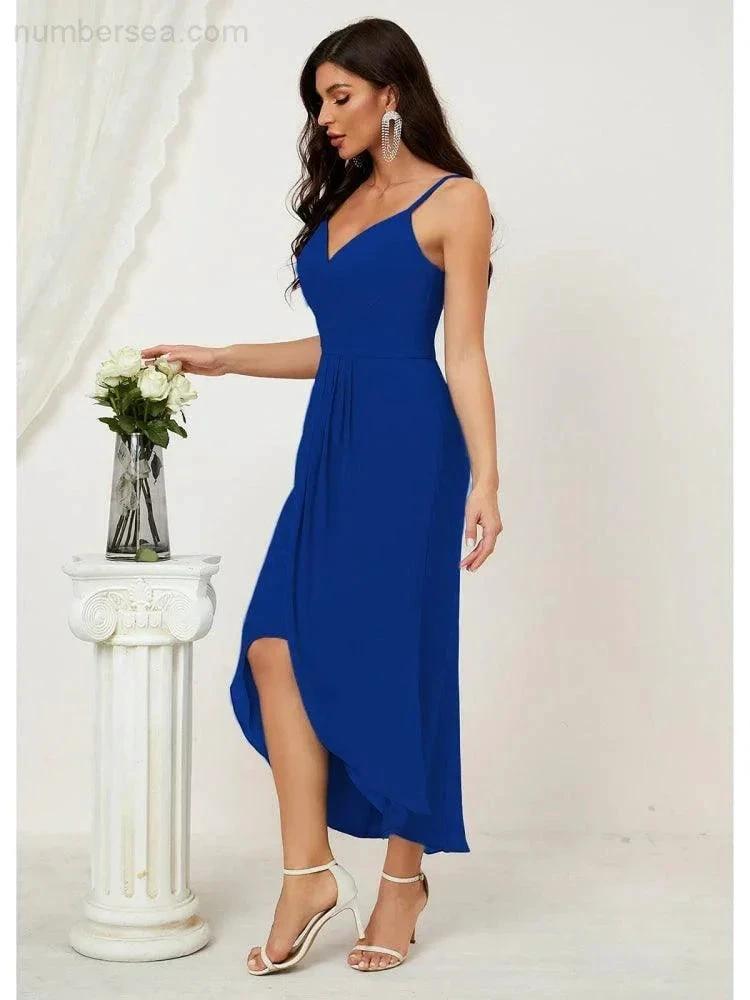 ZapDress Spaghetti Chiffon V Neck Bridesmaid Dress Mid-Length Slit Formal Prom Dress Homecoming Dress 2803 (ZD16952)