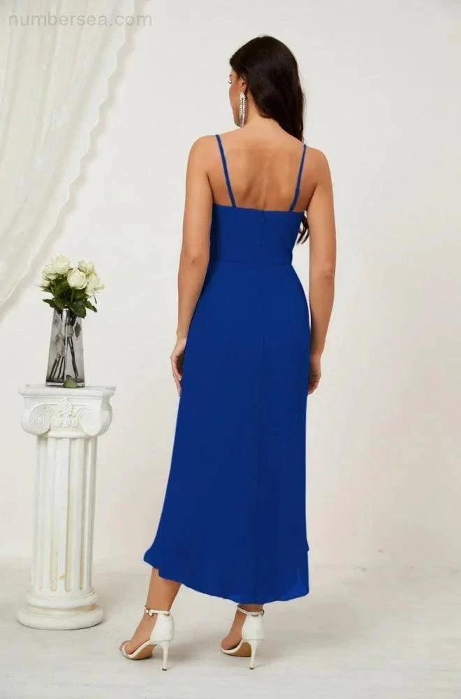 ZapDress Spaghetti Chiffon V Neck Bridesmaid Dress Mid-Length Slit Formal Prom Dress Homecoming Dress 2803 (ZD16952)