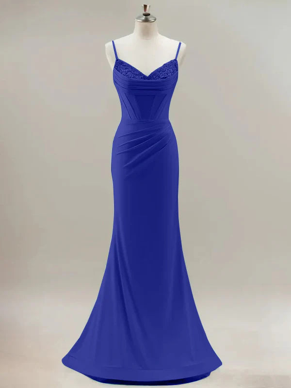 Royal Blue Mermaid Spaghetti Straps Corset Long Prom Dress With Beading