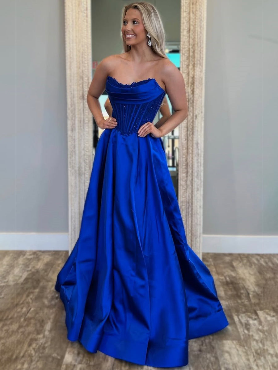 Royal Blue A-Line Strapless Pleated Satin Long Prom Dress