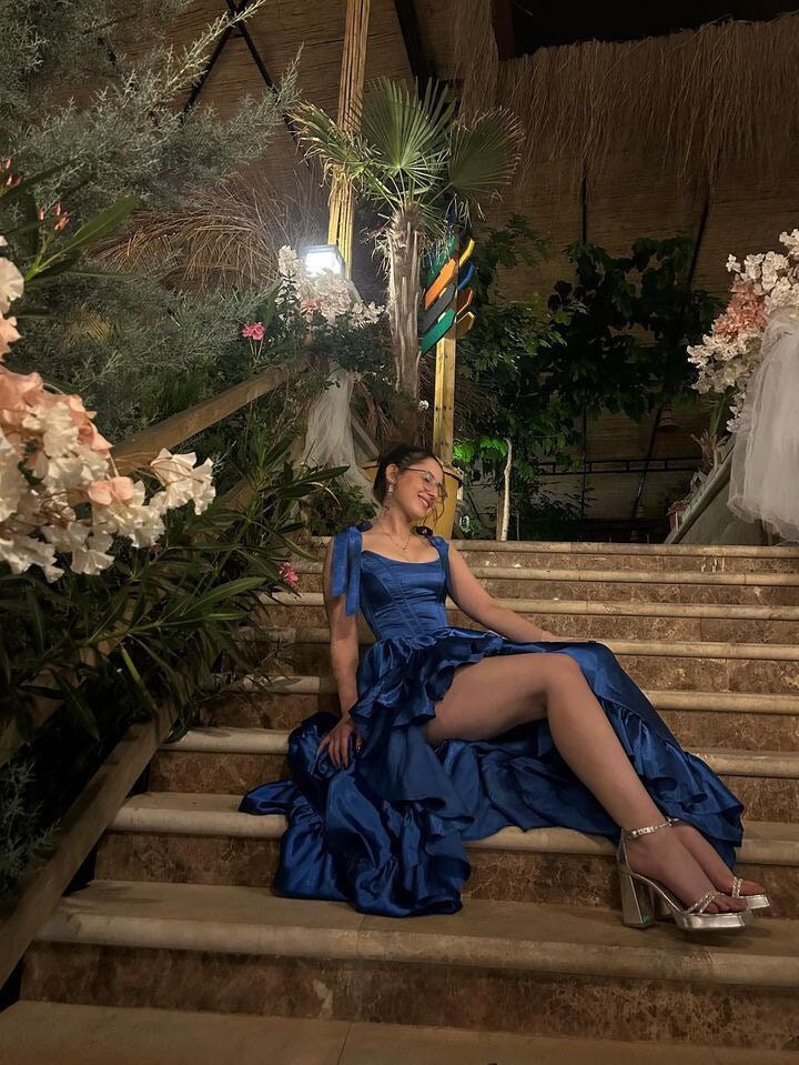 Royal Blue A-Line Ruffled Satin Prom Dress With Slit