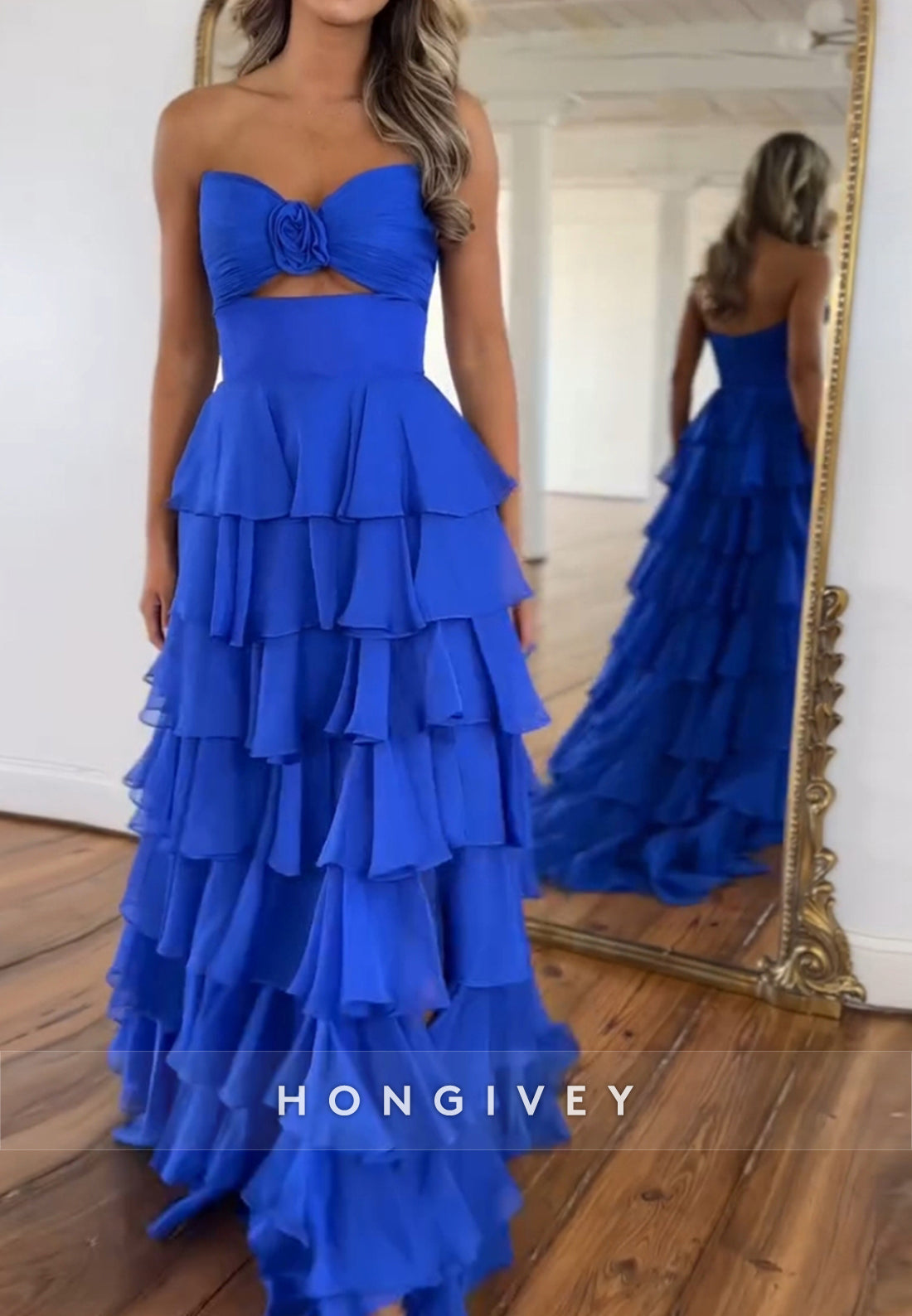 A-Line High Low Floral Embossed Sweetheart Holiday Prom Dresses