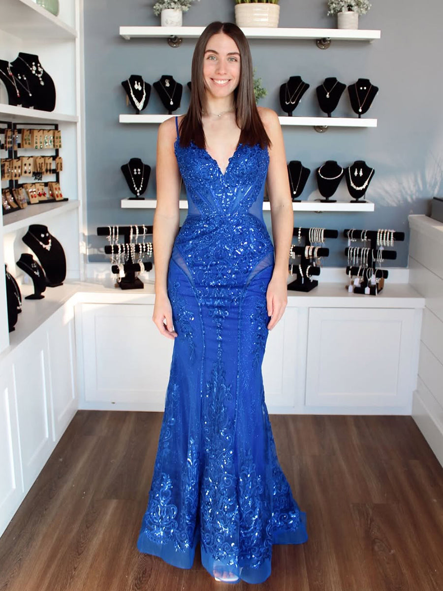 Royal Blue Sequin Embellished Mermaid Prom Dress with Illusion Cutouts - FashionDia