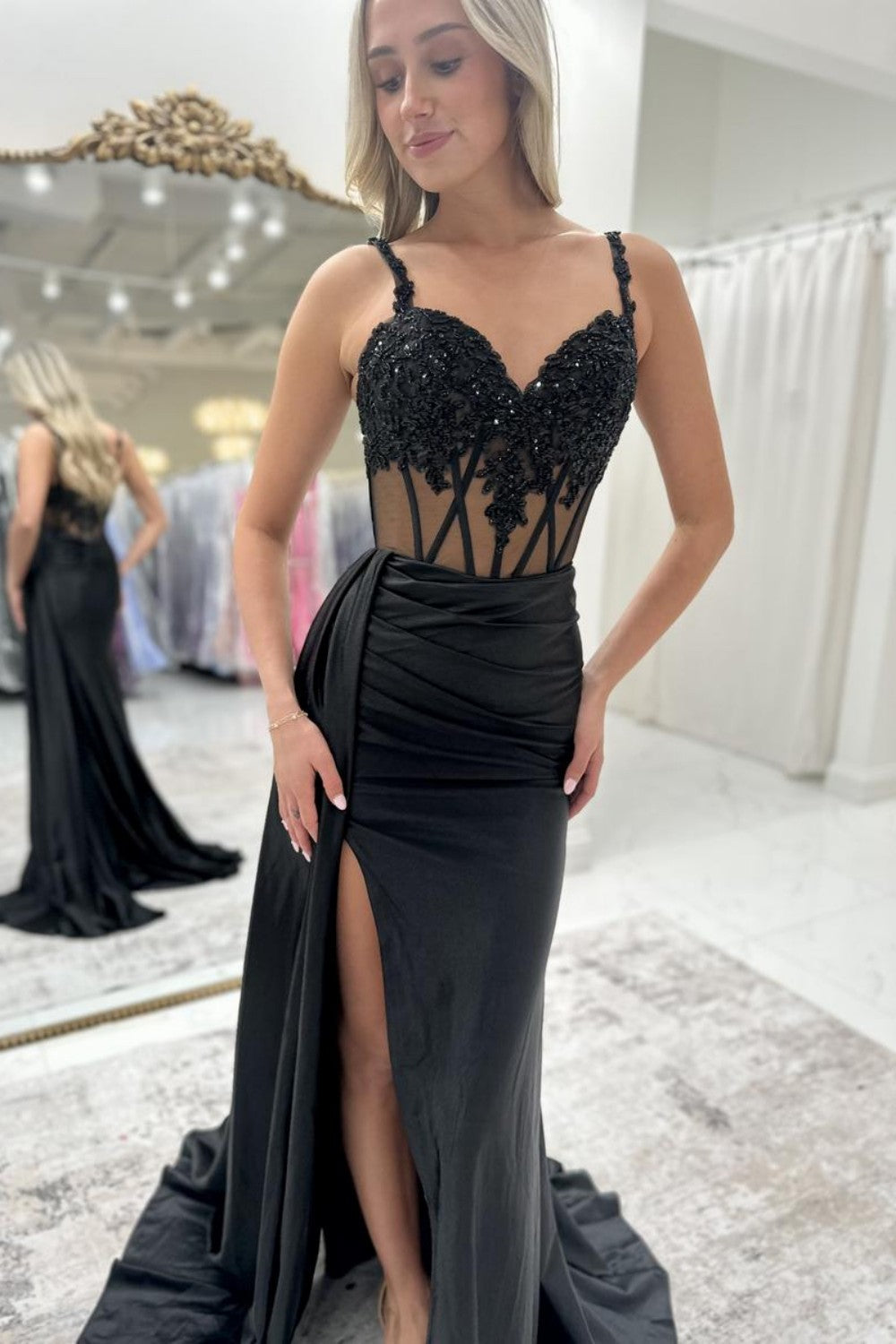 Gorgeous Mermaid Spaghetti Straps Royal Blue Corset Prom Dress with Appliques