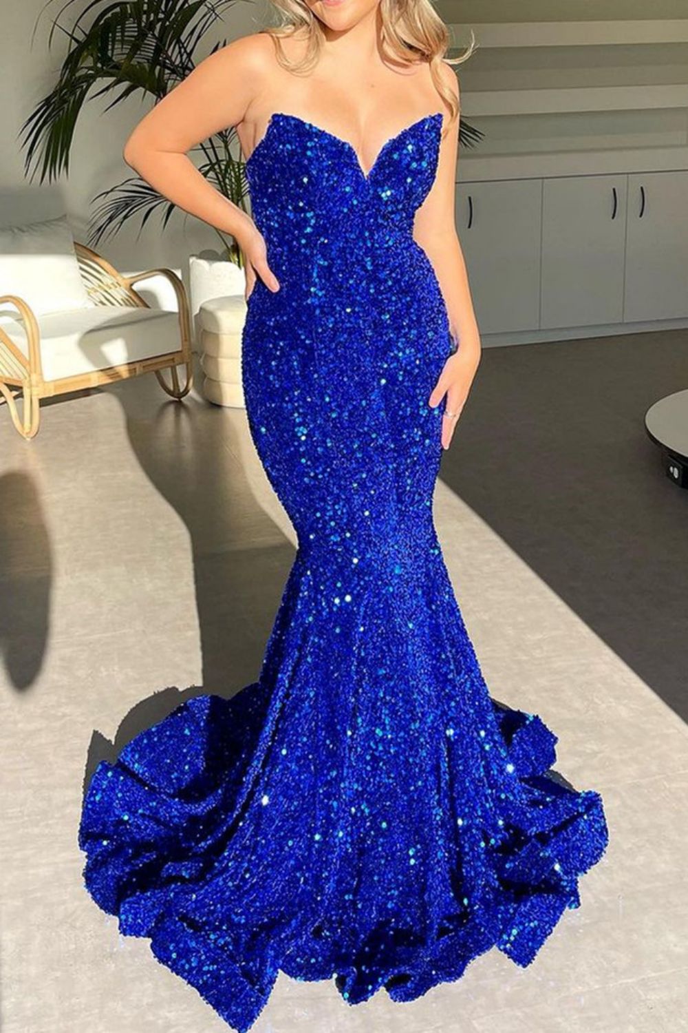 Royal Blue Sparkly Sequin Strapless Long Corset Prom Dress - FashionDia