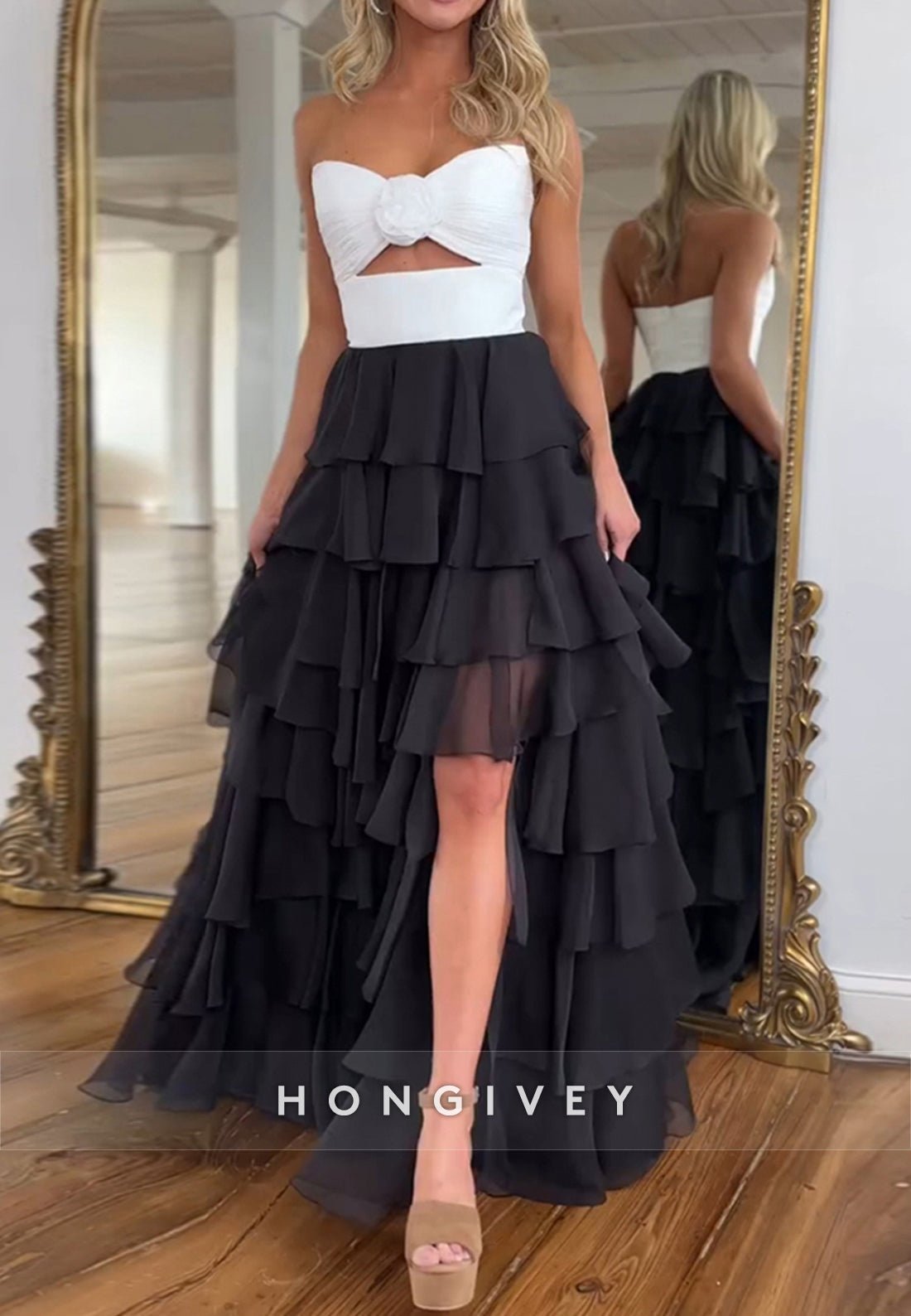 A-Line High Low Floral Embossed Sweetheart Holiday Prom Dresses