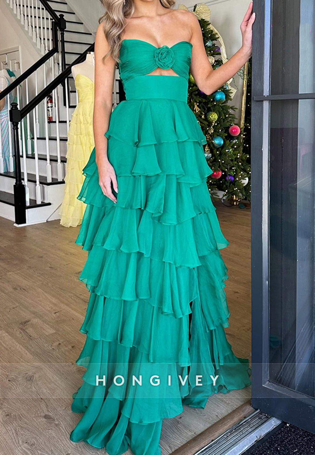 A-Line High Low Floral Embossed Sweetheart Holiday Prom Dresses