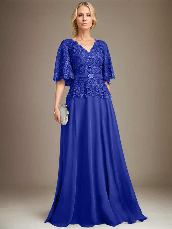 A-line V-Neck Floor-Length Chiffon Lace Mother of the Bride Dress With Crystal Brooch Rhinestone