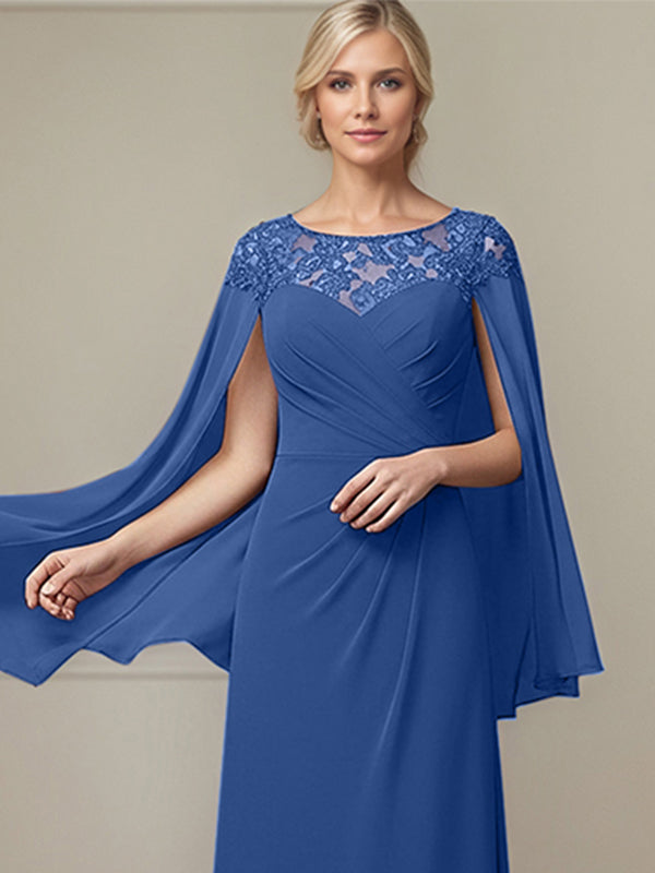Royal Blue A-line Scoop Illusion Floor-Length Lace Chiffon Mother of the Bride Dress With Pleated