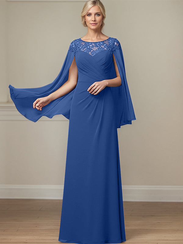 Royal Blue A-line Scoop Illusion Floor-Length Lace Chiffon Mother of the Bride Dress With Pleated