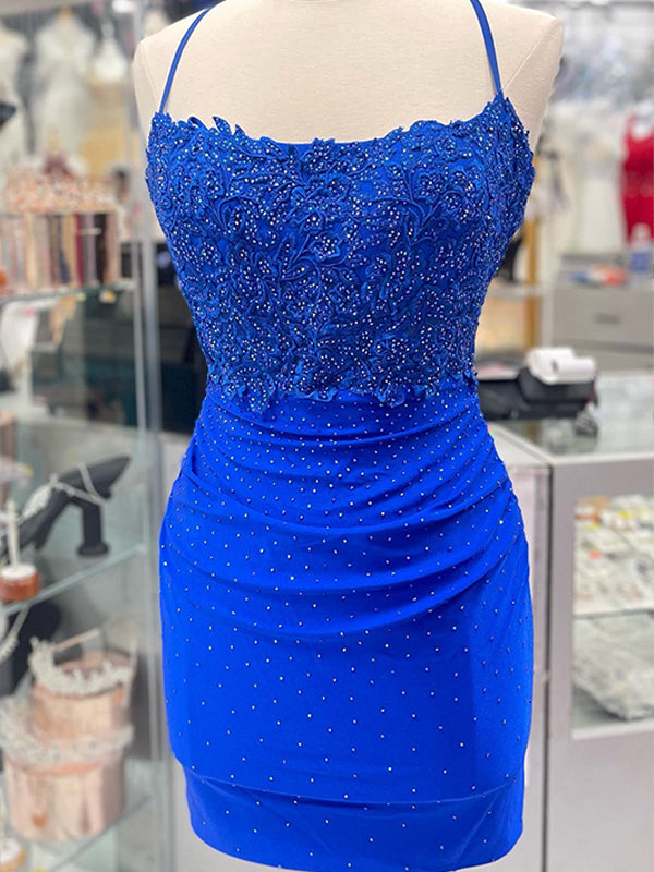 Royal Blue Backless Tight Homecoming Dress with Lace Beading