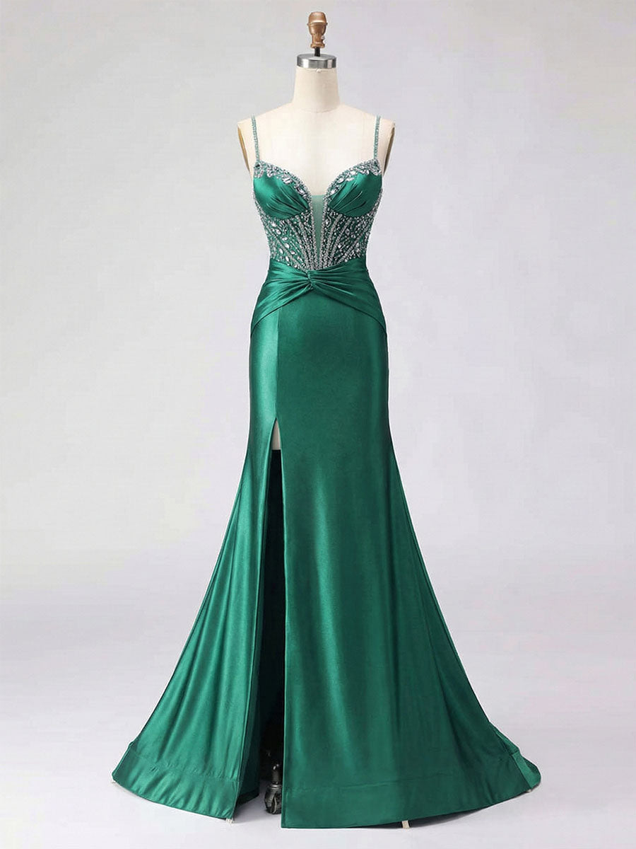 Royal Blue Beaded Corset Satin Prom Dress with High Slit