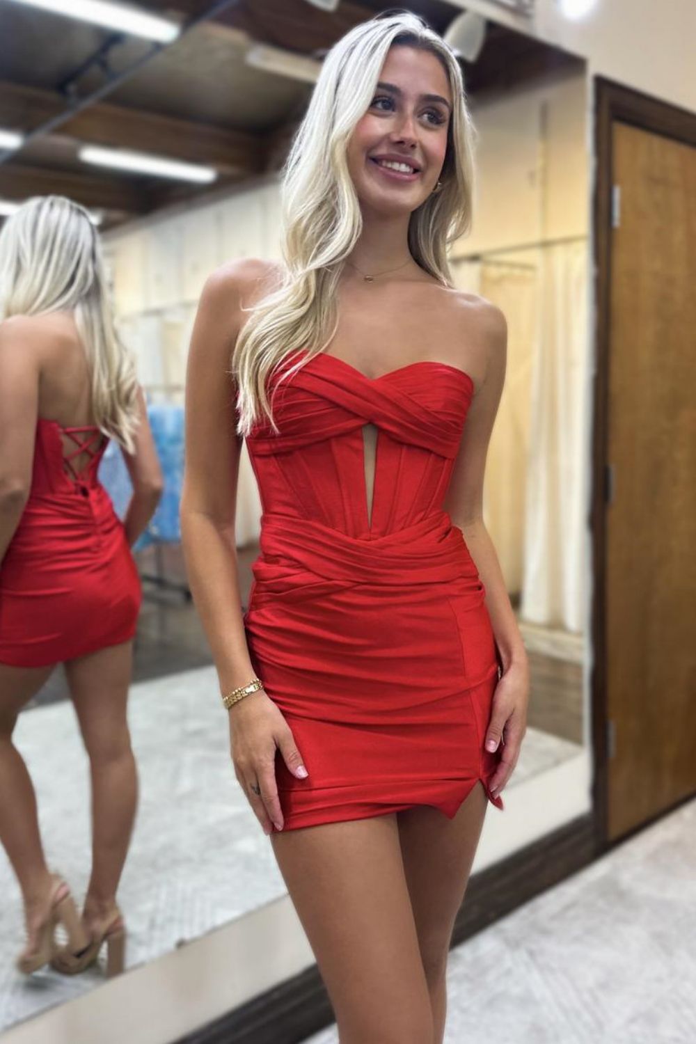 Royal Blue Sweetheart Bodycon Short Satin Homecoming Dress With Slit