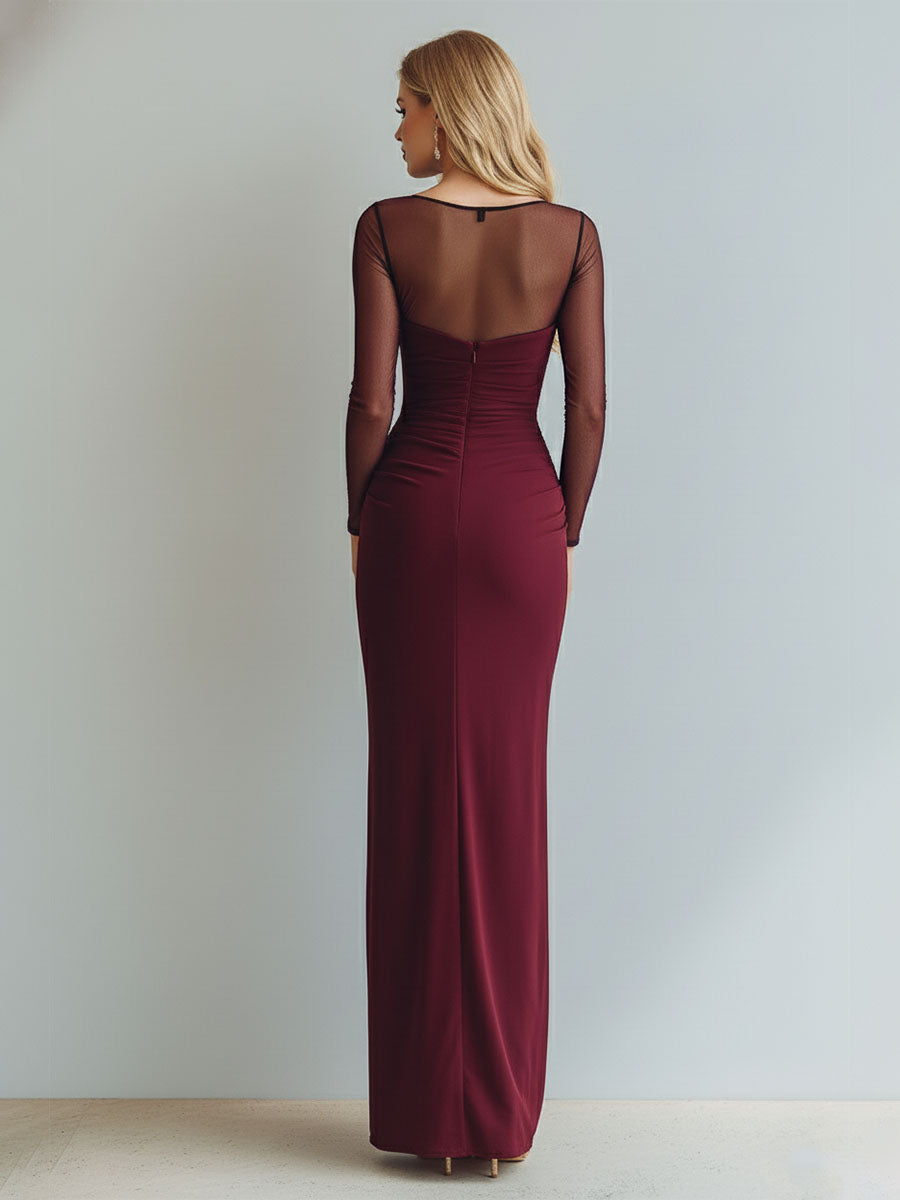 Ruched Mermaid Illusion Neck Long Formal Dress with Silt