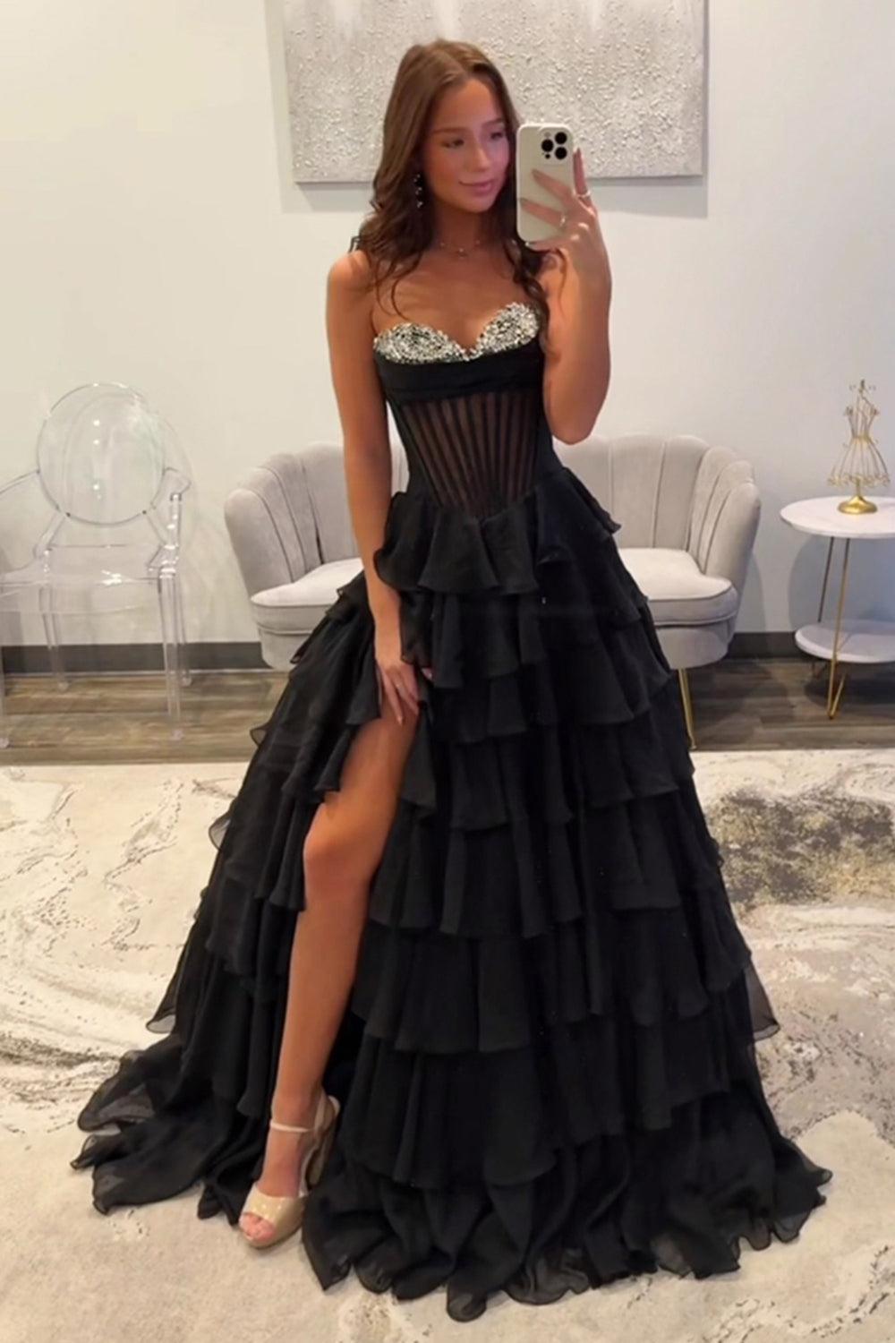 Ruffled Black Prom Dress A Line Corset Long Formal Dress With Beadings