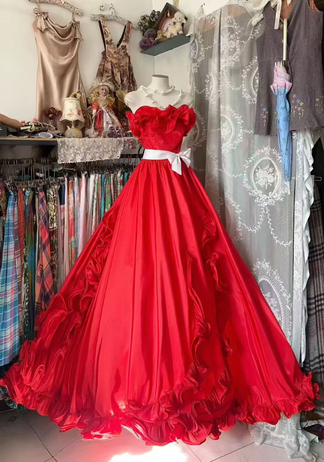 Ruffled Red A Line Prom Dress Formal Wedding Guest Dress J10522