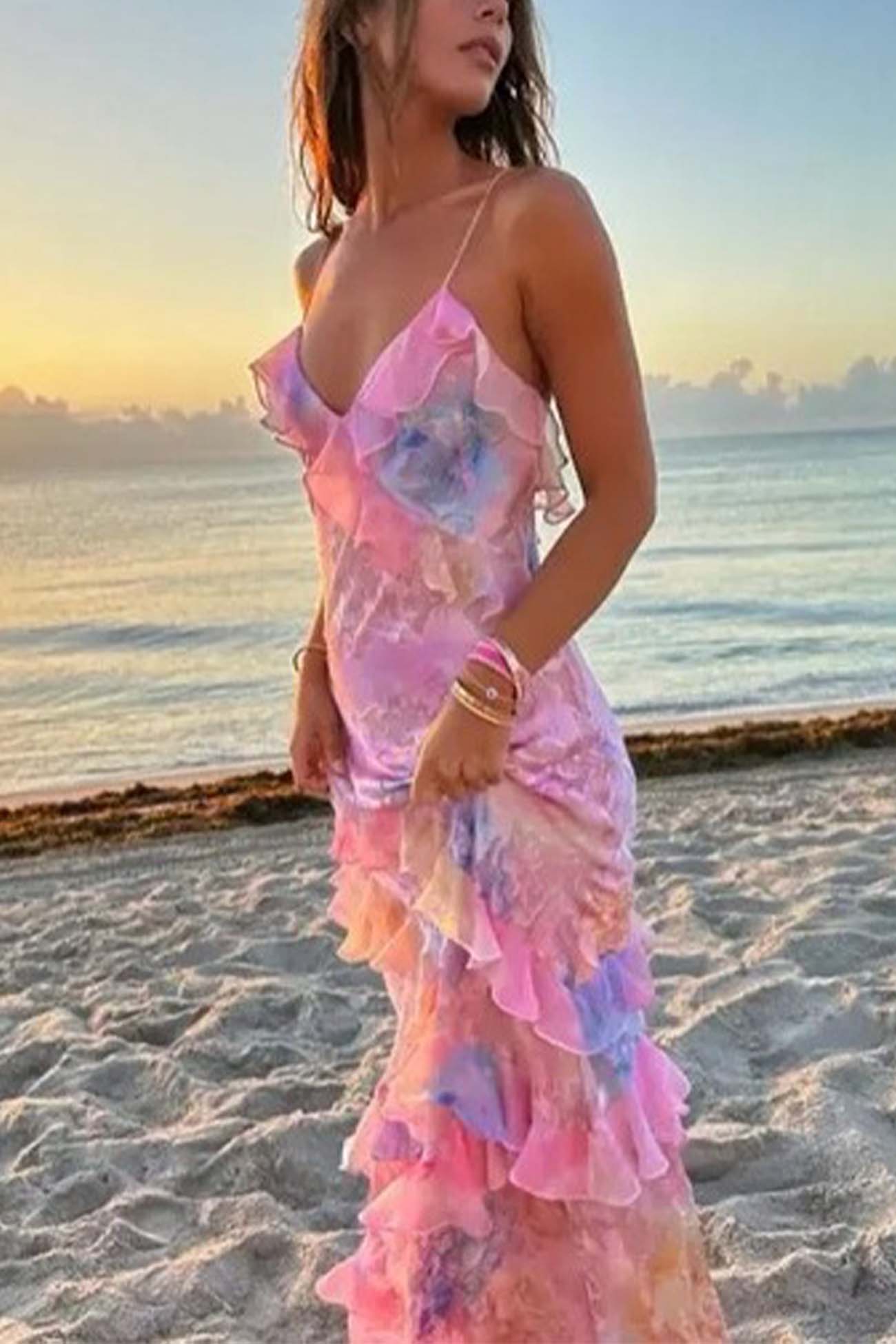 Ruffled Spaghetti Strap Backless Maxi Dress - Fashionpara