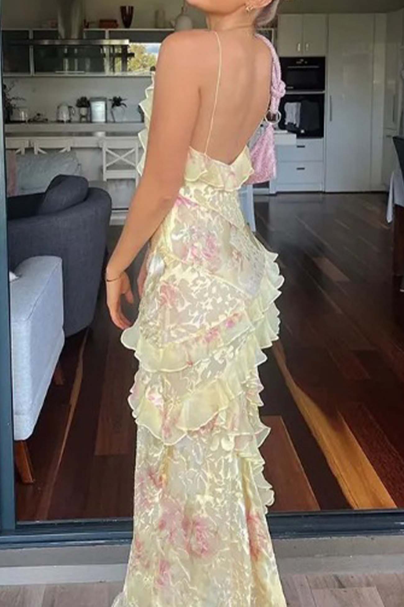 Ruffled Spaghetti Strap Backless Maxi Dress - Fashionpara