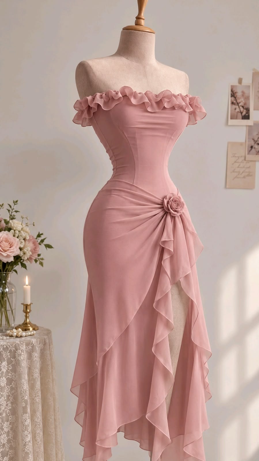 Ruffled Strapless Pink Chiffon Formal Evening Gown With Slit J11677